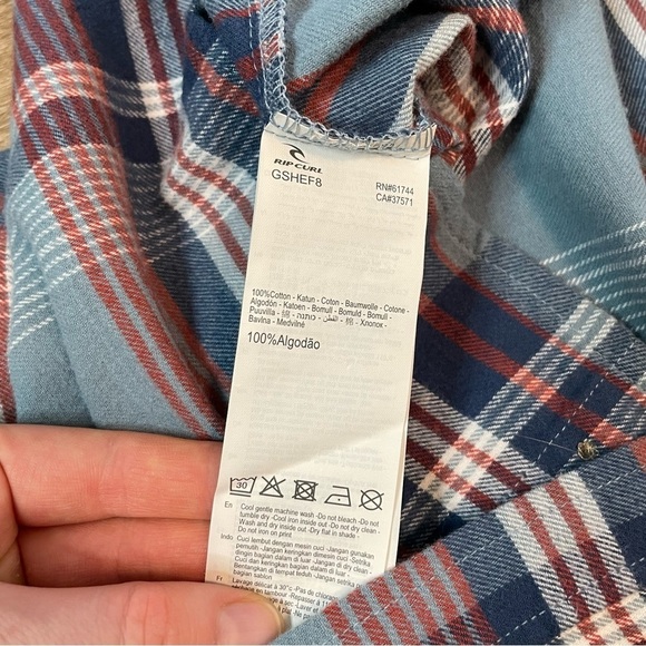 Rip Curl Button Up Shirt Womens Size M Blue Checked Long Sleeve Collared Pocket - Picture 14 of 16